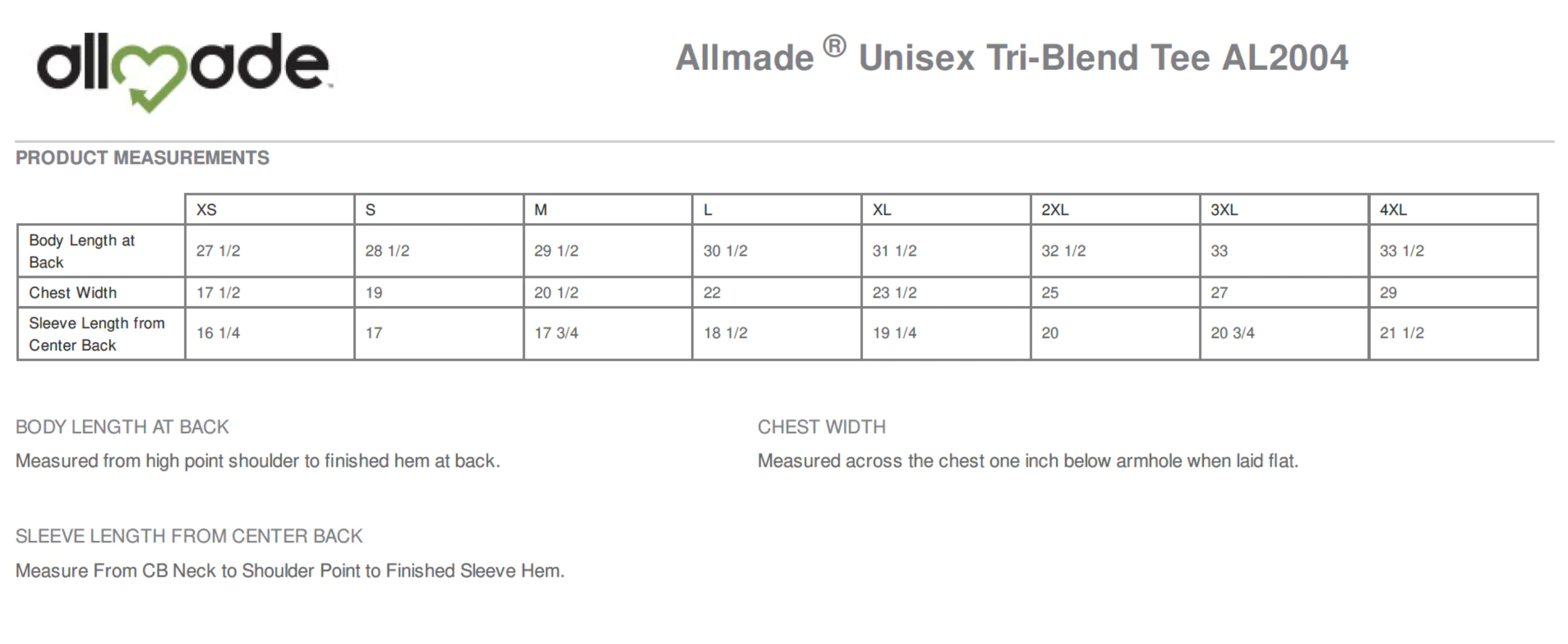 T-Shirt size chart