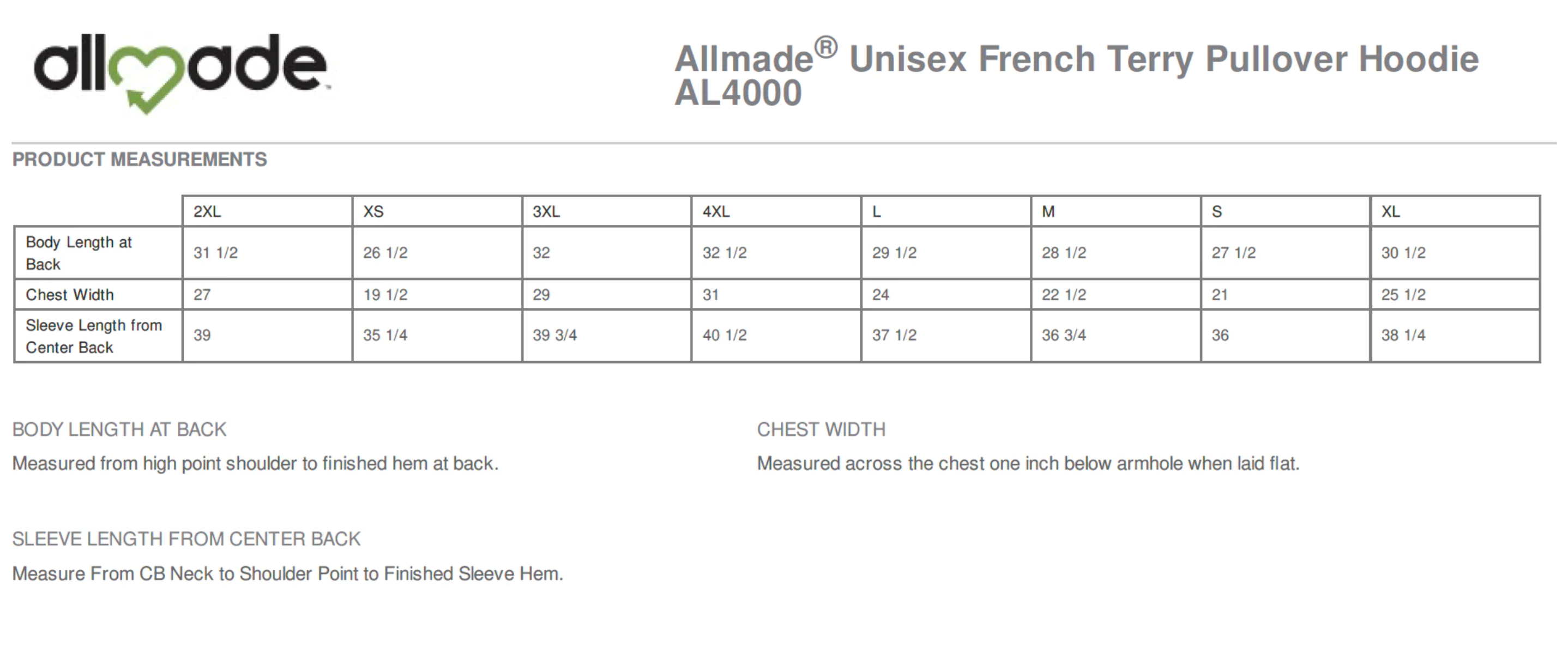 Hoodie Size Chart